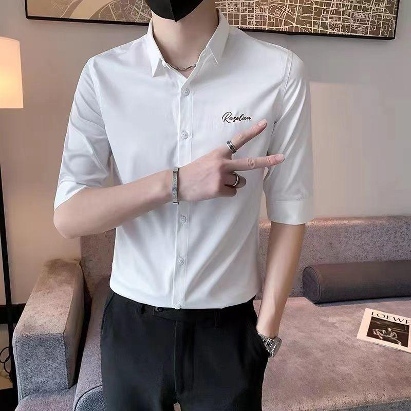 Summer Elastic Embroidered Thin Shirt for Men Slim Korean Style Youth 7-quarter Sleeve Casual Business Professional White Shirt