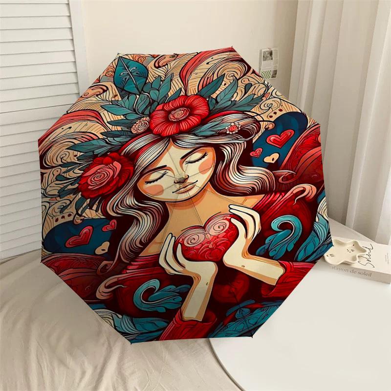 1pc Heart Love Automatic Open/Close Umbrella Compact Folding Umbrella with 8-Rib Shaft for Women/Men, Portable Travel Umbrella,1227S