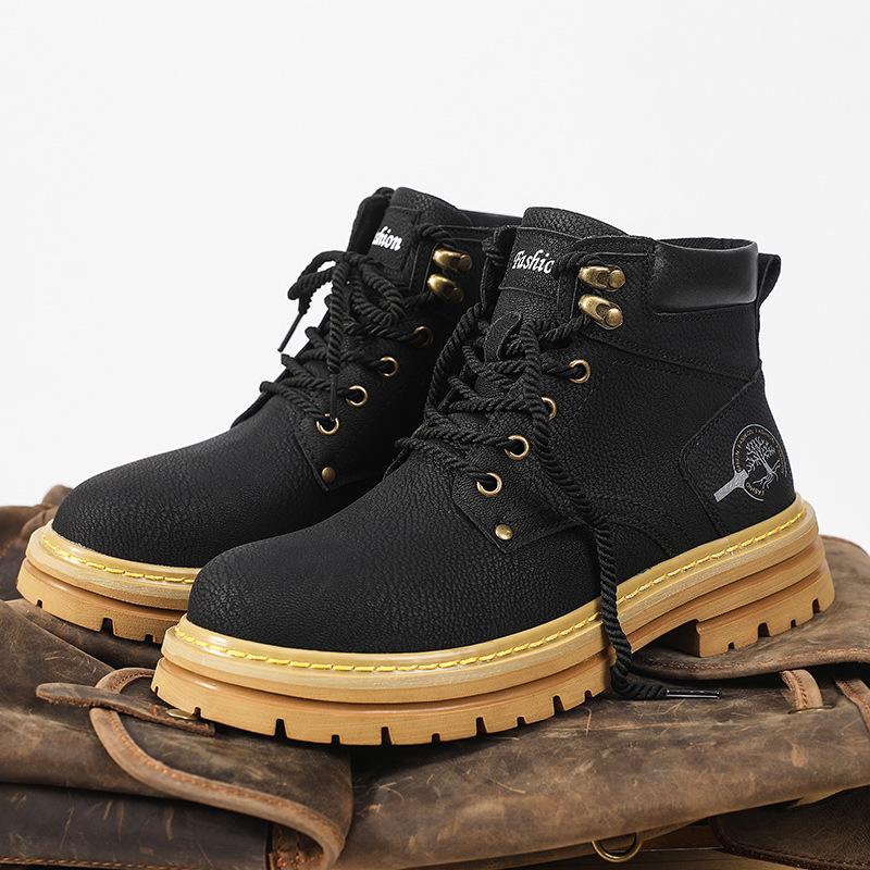 Men's Winter High-Top Genuine Leather Retro Martin Boots with Velvet Lining, British Style, Yellow