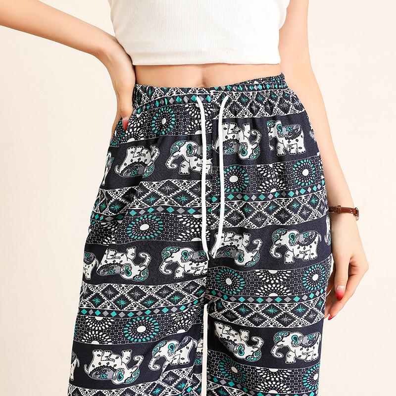 Women's High Waist Elephant Printed Wide Leg Pants - Casual Spring/Summer Style