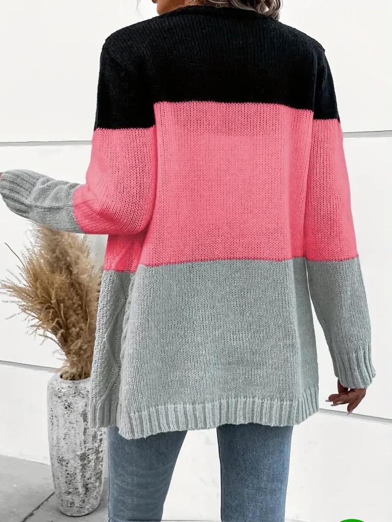 European and American Lazy Style Striped Grey Knit Cardigan Sweater