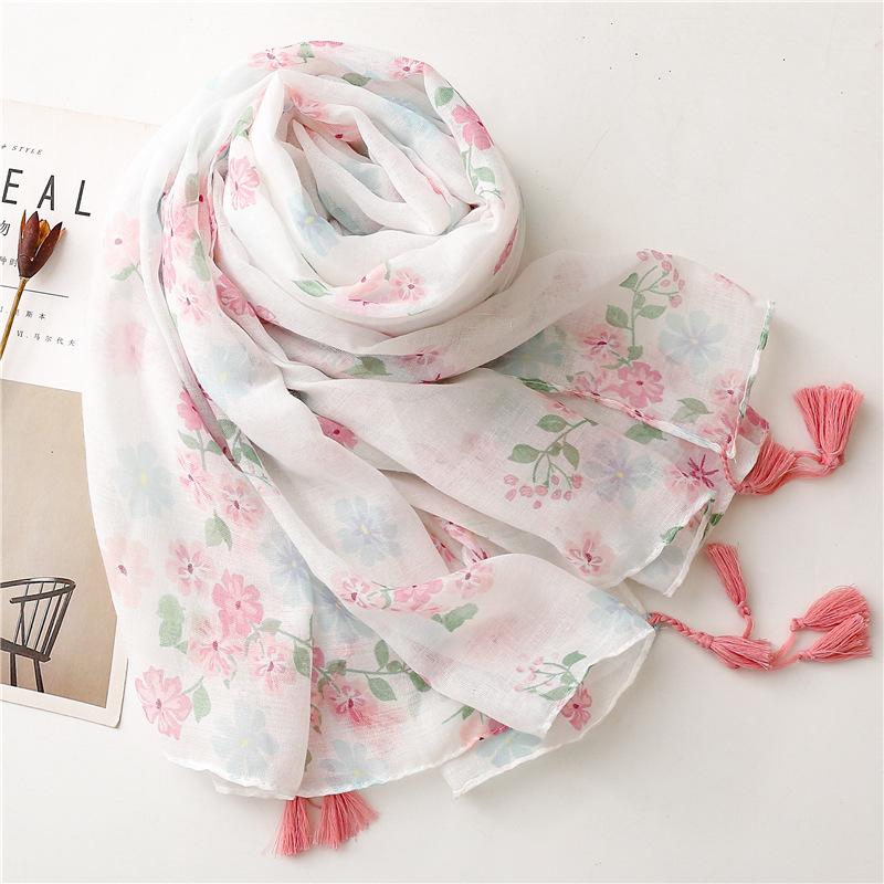 New White Pink Flower Women Scarf Shawl Cotton Linen Feeling Tassel Pashmina Muslim Hijab Wrap Lady Viscose Scarf