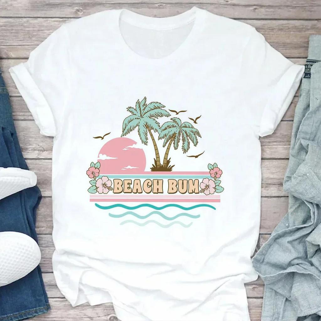 Fashion Women's T-shirt Summer Beach Print Cute Short Sleeve Ladies Fashion Casual Summer Women's T-shirt Graphic