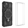 For iPhone 15 Case Kickstand with 2Pcs Screen Film WANLONFENG KJ Series PC TPU Phone Cover (Big Lens Hole)