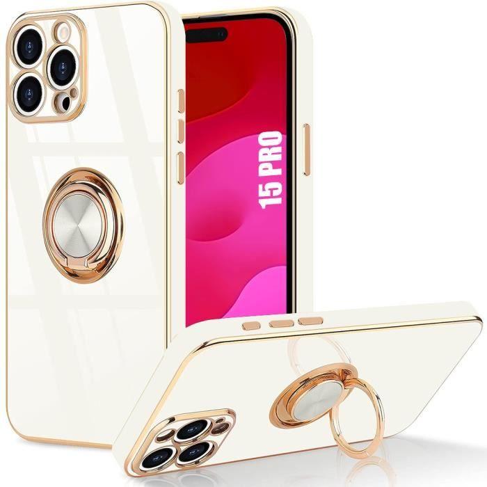 Coque Silicone - iPhone 15 Pro - Blanc - Antichoc - Anneau Rotatif 360° - Support Vertical