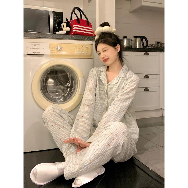 Women's Pajamas New Autumn Spring Long Sleeve Soft Sleepwear Set Grid Cartoon Pyjama Woman Home Nightwear Set Cardigan
