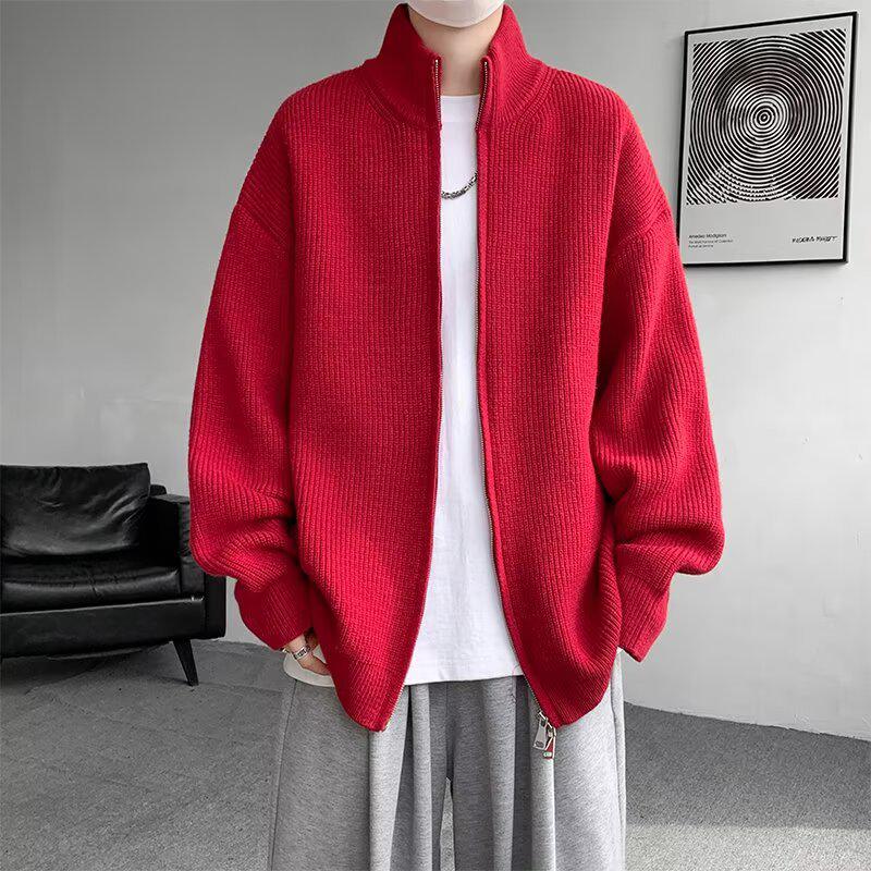 Men s Double Zipper Casual Half-High Collar Knit Sweater XL