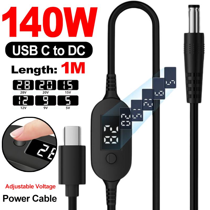 5V/9V/12V/15V/20V/28V USB C to DC 5.5x2.5 PD Trigger Power Cable Adjustable Voltage 140W Type C Male to DC 5.5x2.5mm Male Cord 5