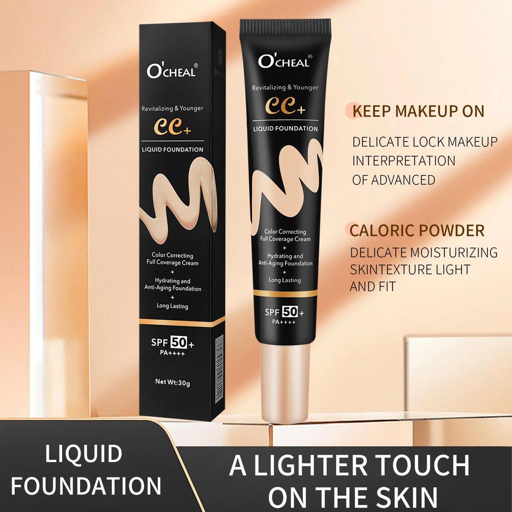 Ocheal 30g Crema Solare BB/CC SPF 50/PA+++ Crema Fondotinta Liquida per Viso Anti-Età Lunga Durata Copertura Totale Crema Cipria