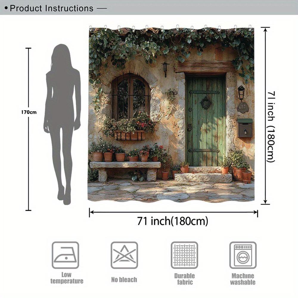 Rustic Stone Door With Ivy And Potted Plants Shower Curtain For Bathroom Decor, Perfect For Adding Vintage Charm