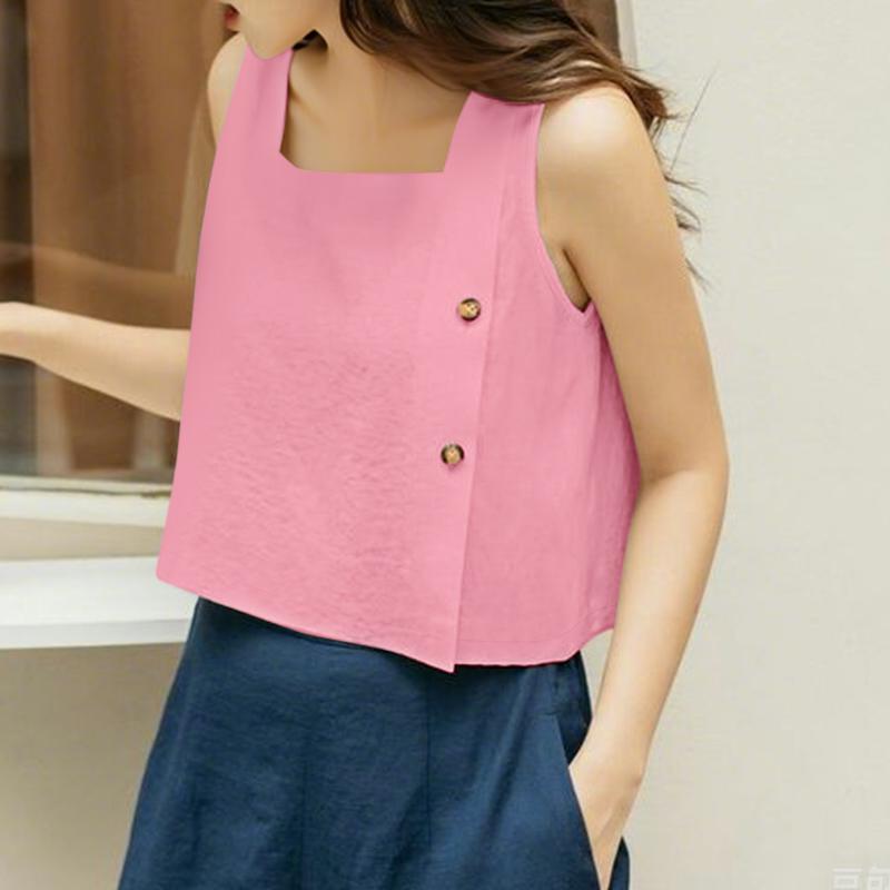 

VONDA Женские летние повседневные топы с квадратным вырезом без рукавов и пуговицами по бокам 4XL розовый