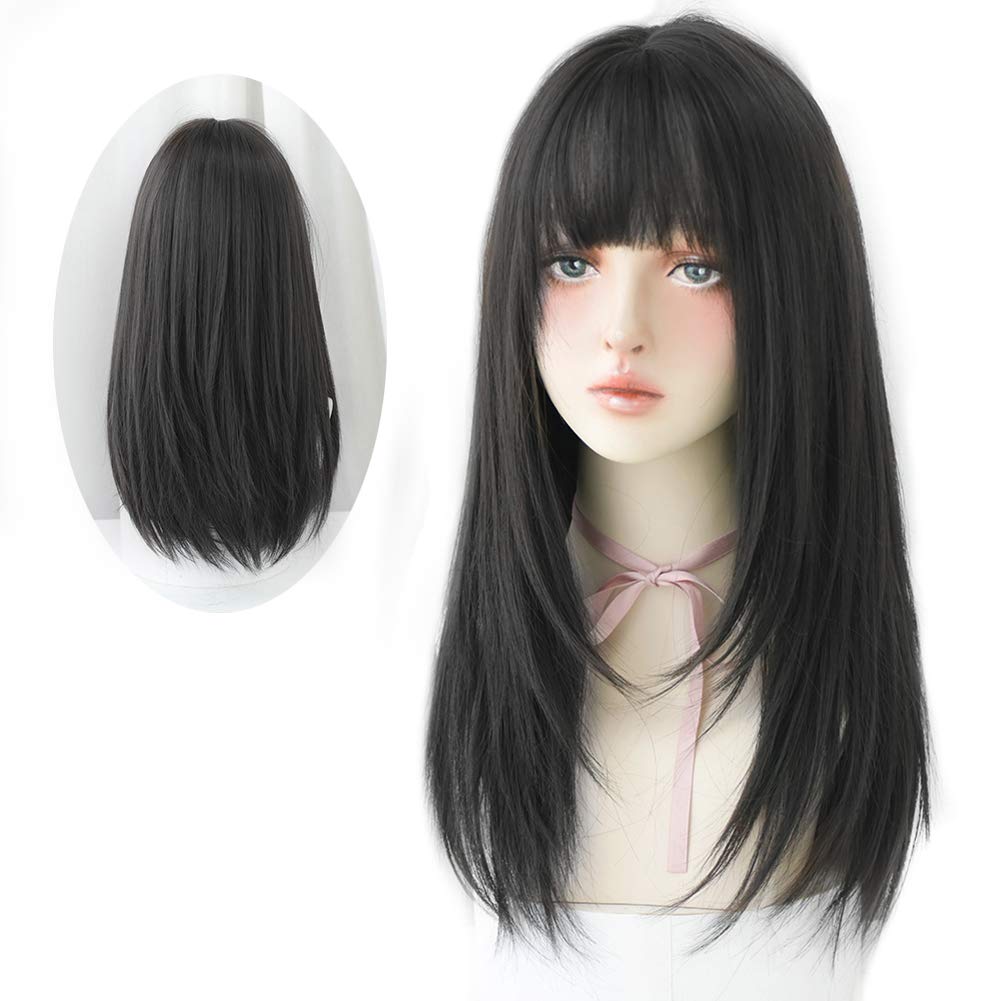 Long Black Straight Hair Wig With Bangs Synthetic High Density Long Hair Wig For Women