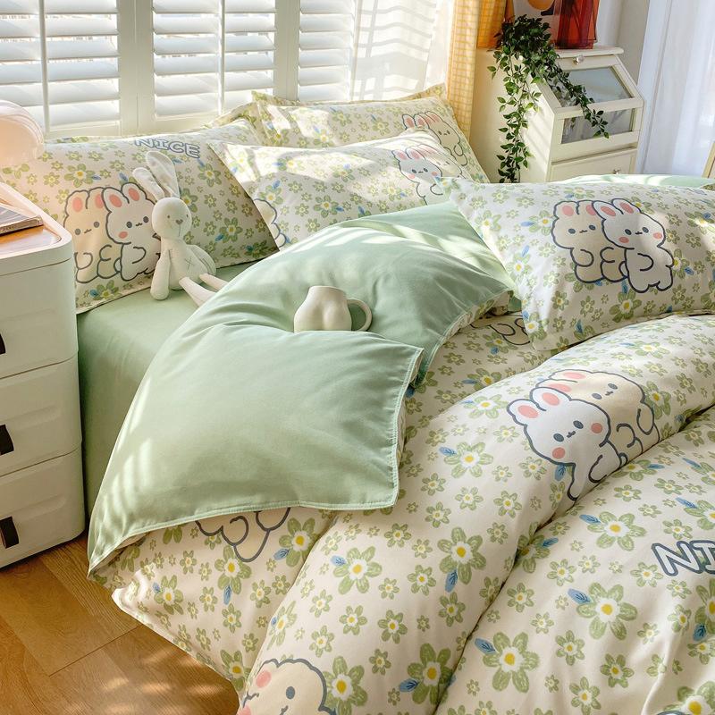 INS Double-sided Availability Pink Blue Cute Cat And Rabbit Bedding Set Duvet Cover Sheets With Pillowcases Full Size Bedroom