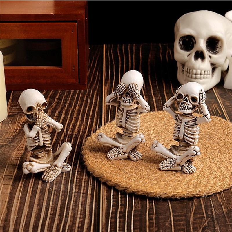 AT19-Skull Shelf Decor,Skeleton Figurine,Halloween Gothic Home Decor,Antique Accent Statue,Collectible Figurines Set Of 3