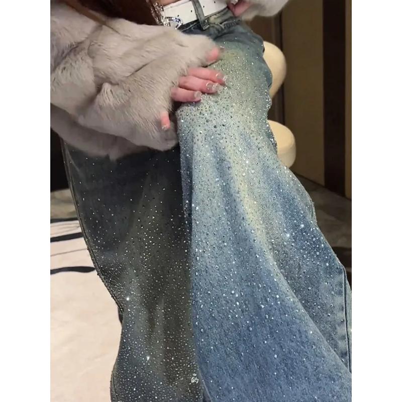 Women Wide Leg Jeans High Waist Sequin Embellished Gradient Wash Denim Pants Casual Fashion Trousers