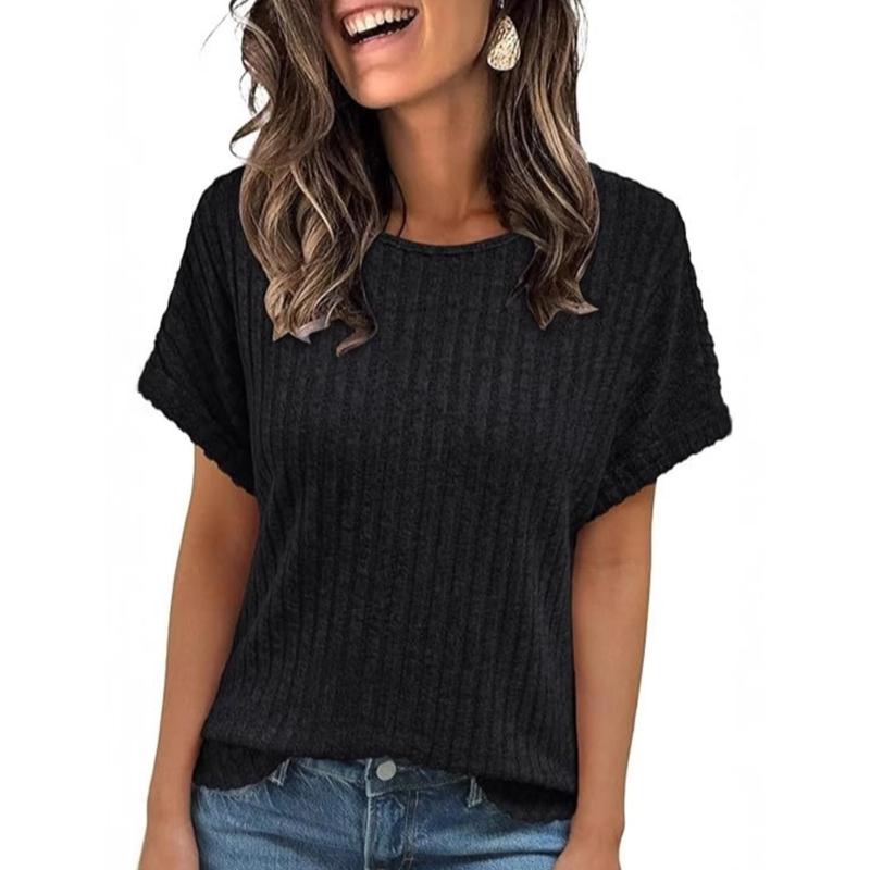 Women's 2025 Short Sleeve Crew Neck T Shirt Casual Loose Ribbed Knit Pullover Sweater Tops Summer Spring Outfits Gifts