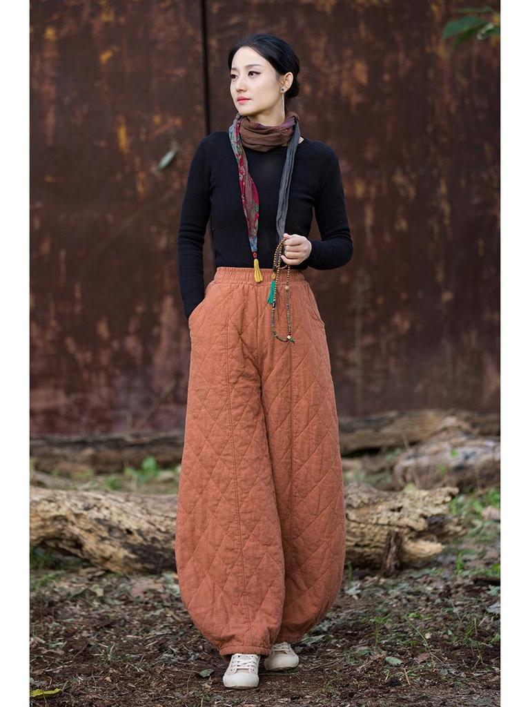 2025 Winter Women's Retro Quilted Diamond Pattern Lantern Pants - Thick Warm Cotton Linen