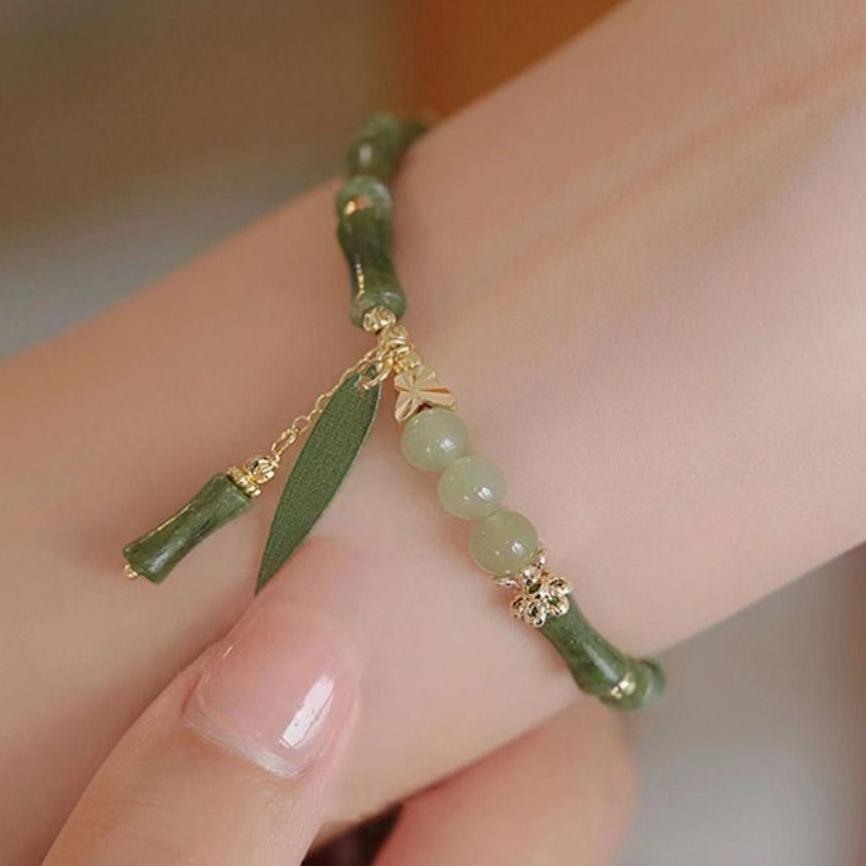 Leaf Green Bamboo Bracelet Bamboo Shape Leaf Pendant Bracelet Imitation Stone Bracelet  Women