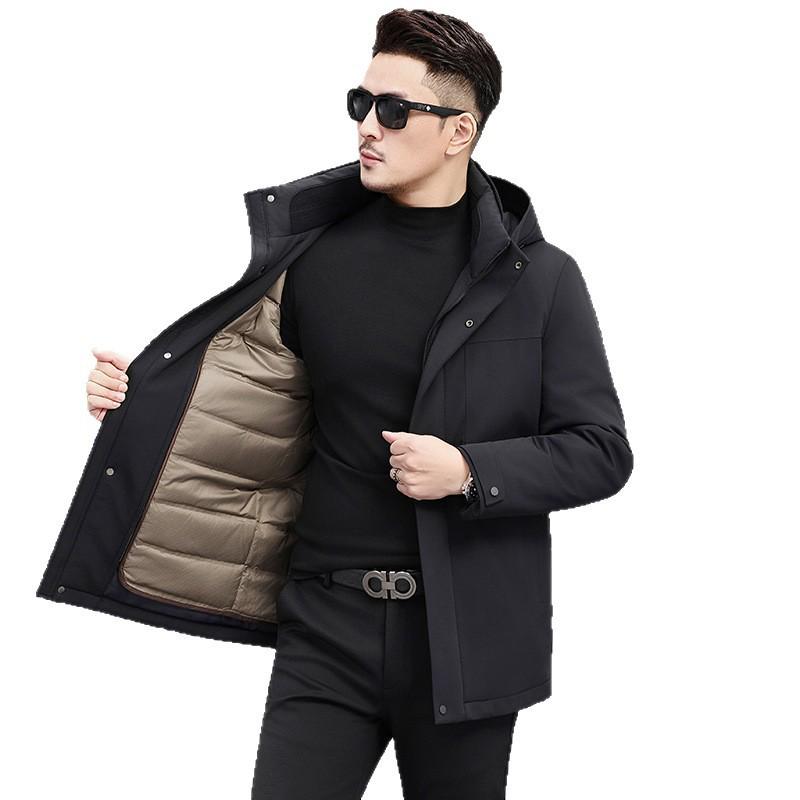 Men's Hooded Winter Jacket with Detachable Liner – 90% Goose Down, Warm Mid-Length.