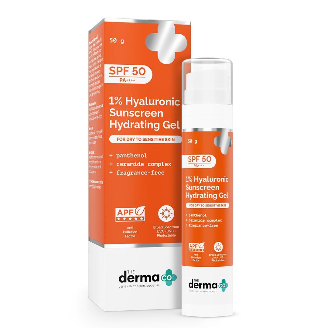 

The Derma Co 1% Hyaluronic Sunscreen Hydrating Gel SPF 50 PA++++ | For Dry, Sensitive Skin | Lightweight Texture | No White Cast | UVA/UVB, Broad