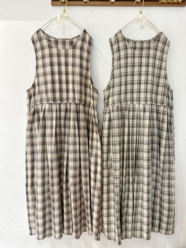 Wei Qi Spring/Summer Mori Style Cotton Linen Plaid Drawstring Vest Dress - Women's Loose Layered Long Dress