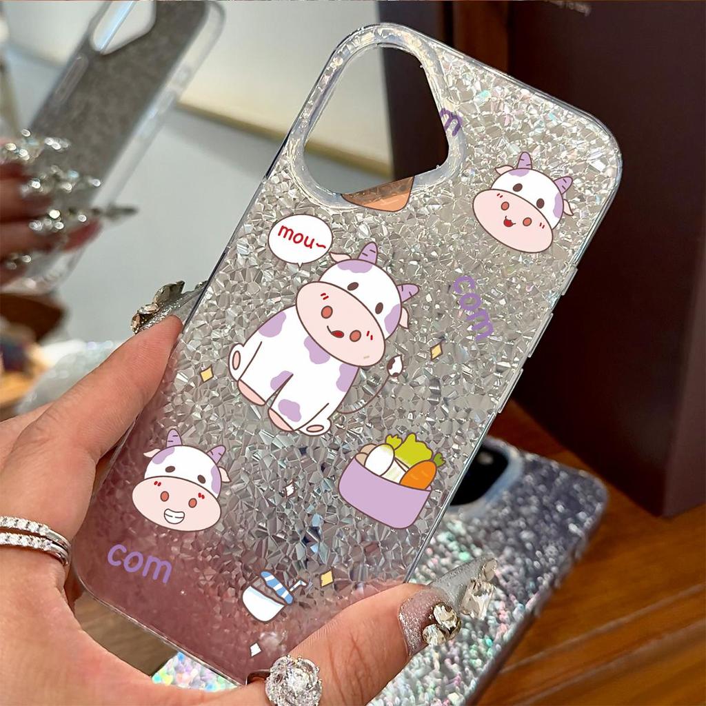 Case for iphone 18 Pro Max 15 14 13 11 17 Pro XR XS Max Air 12 16 Plus Silver Glitter Crackle Background Cute Cow