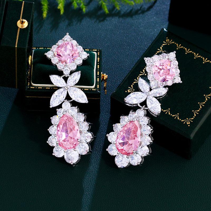 Light Luxury High-End Princess Pink Wedding Dress With Earrings, Zircon Inlay Temperament, Water Drop Earrings, Jewelry.