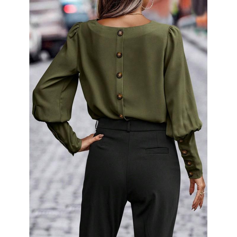 Womens Long Sleeve Solid Color Blouse Loose Fit Office Wear Winter 2025