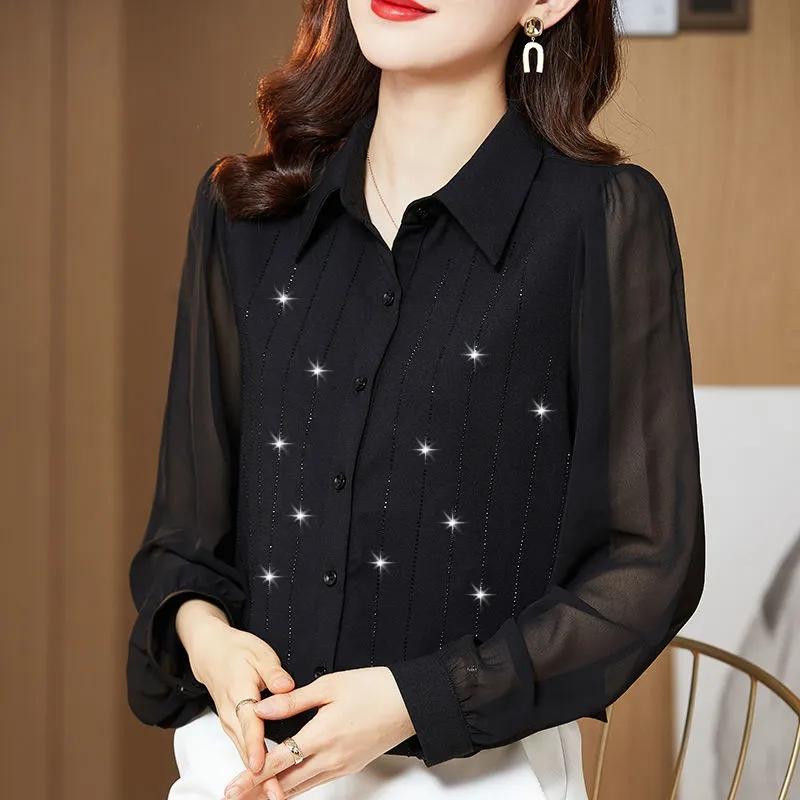 

Шифоновая рубашка со стразами. Женские рубашки с длинными рукавами. Весенне-осенняя однотонная сетчатая блузка с лацканами. Темперамент. Рукава-фонарики на пуговицах. Повседневные топы. M чёрный