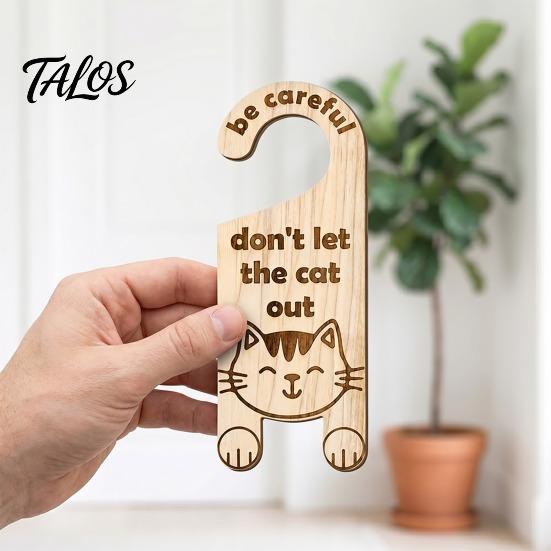 Cartello Avviso Maniglia Porta 'Ricorda di Tenere il Gatto Dentro', Cartello Promemoria in Legno Cartoon da Appendere, Decorazione Tema Animale Domestico Carino, Gancio Maniglia di Sicurezza, per Camera da Letto e Ingresso