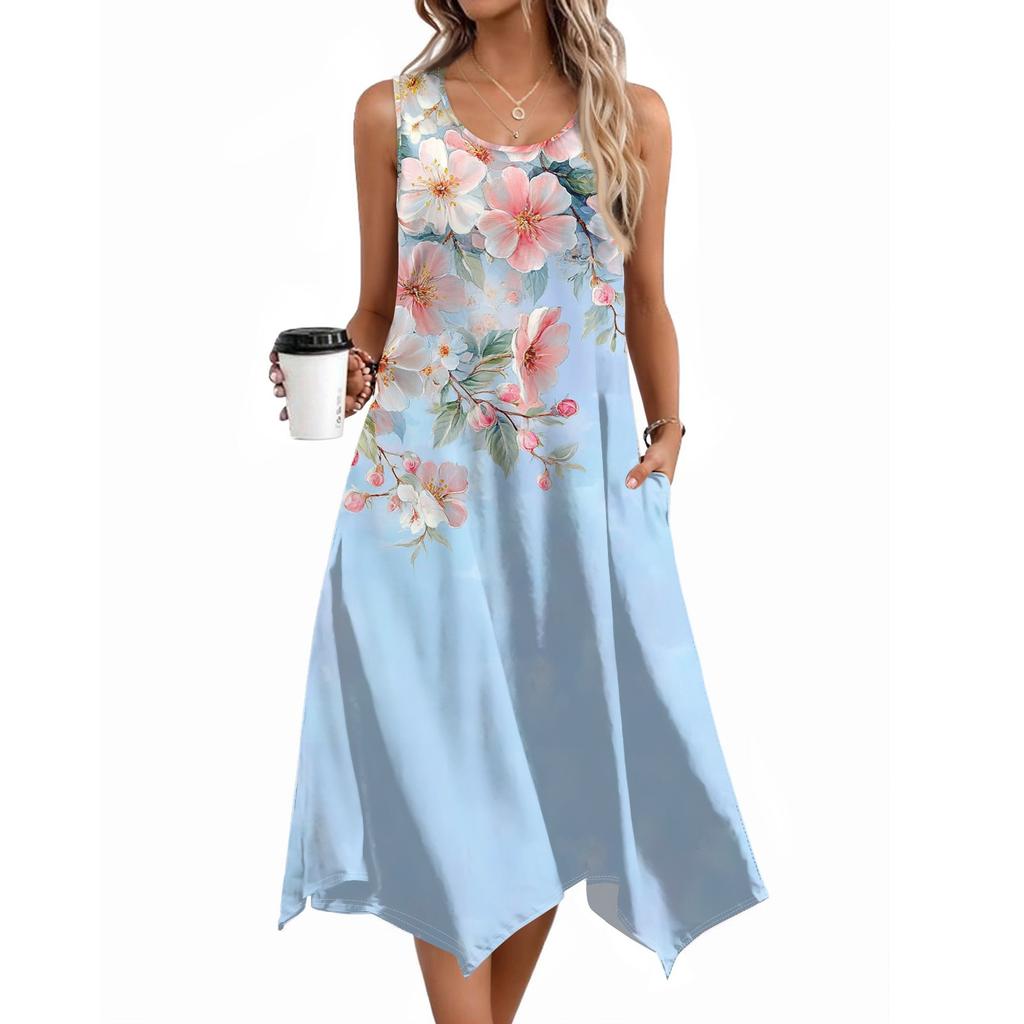 Women Casual Sleeveless Summer Dresses  Spring Crewneck Patchwork Boho Floral Ruffle Cocktail Party Midi Dress