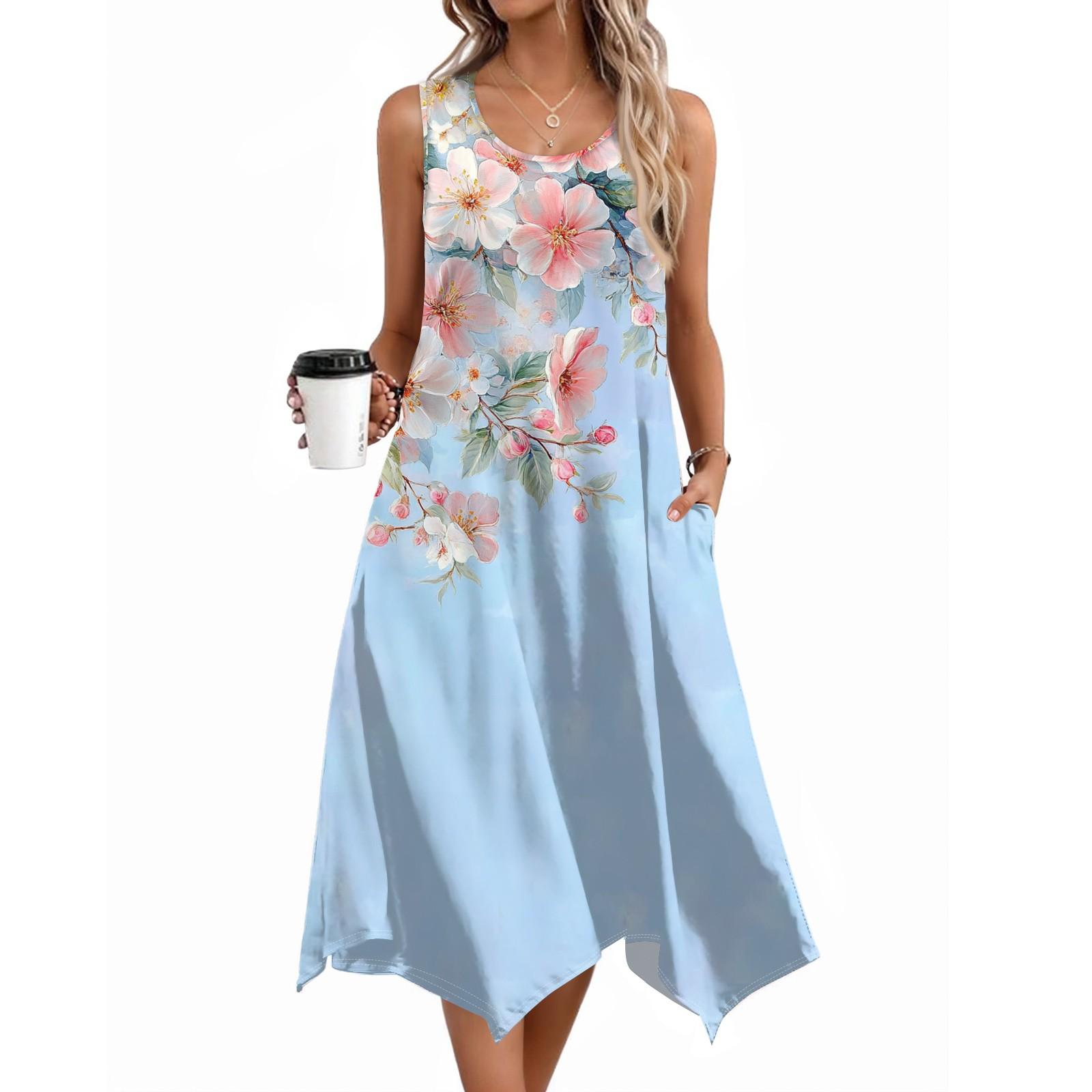 

Women Casual Sleeveless Summer Dresses Spring Crewneck Patchwork Boho Floral Ruffle Cocktail Party Midi Dress XL небо синє кольору