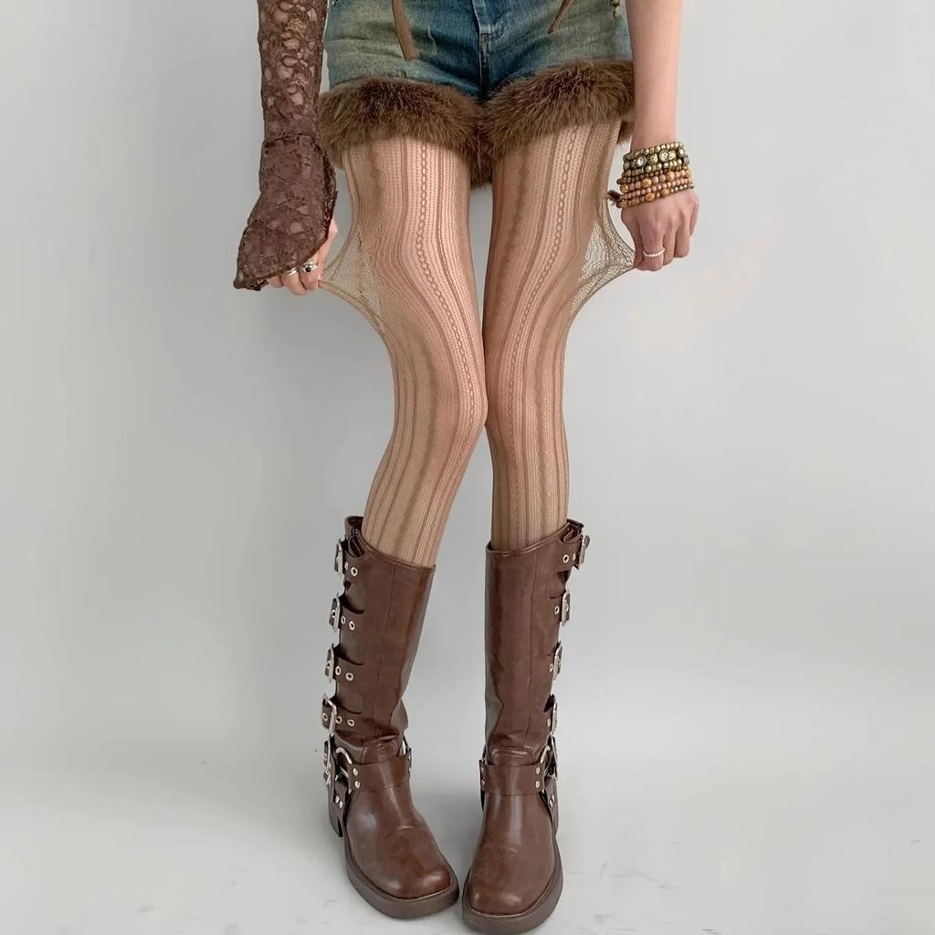 Retro Brown Lace Hollow Mesh Fishing Net Socks Vertical Pattern Embroidery Pantyhose Thin Summer Suitable for Men And Women