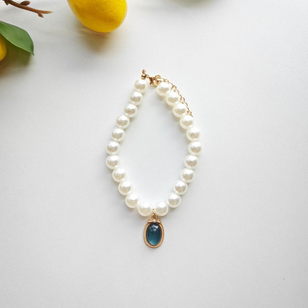 Pet Necklace Elastic Cord Pearl Beaded Collar with Pendant Adjustable Length Suitable for Small Cats and Dogs S Size
