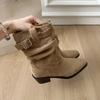 Belt Buckle Suede Thick Heel Short Boots Women's 2025 Autumn and Winter New Retro Square Head Pleated Pile Boots Western Cowboy Boots
