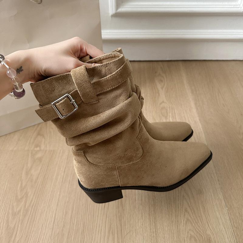 Belt Buckle Suede Thick Heel Short Boots Women's 2025 Autumn and Winter New Retro Square Head Pleated Pile Boots Western Cowboy Boots