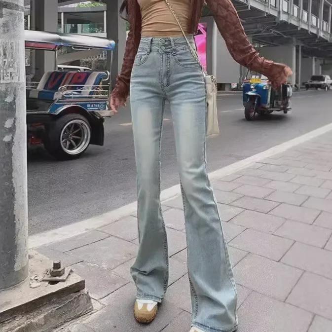 Women's High-Waist Elastic Slim Fit Washed Blue Flared Jeans - Autumn 2024 Collection