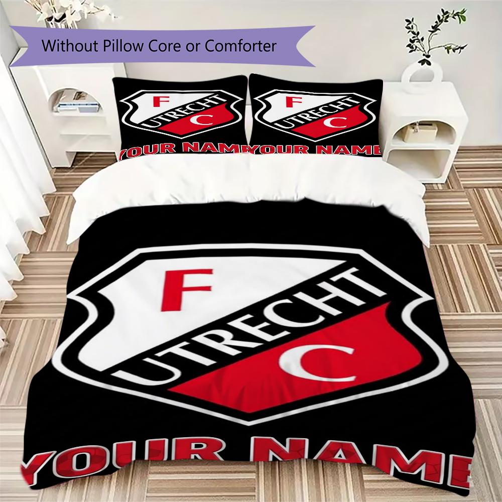 Benutzerdefinierter Name FC Utrecht Muster Bettwäsche Steppdecke Set Steppdecke Bezug Kissenbezug Heimdekoration Geburtstagsgeschenk (1*Bettbezug+2*Kissenbezug ohne Füllung)
