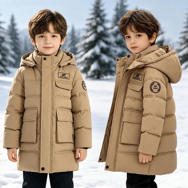 5-12 Years Kids Winter Mid-length Hooded Cotton Jacket Letter Icon Cargo Pocket Coat Boys Outdoor Windproof Sports Outerwear