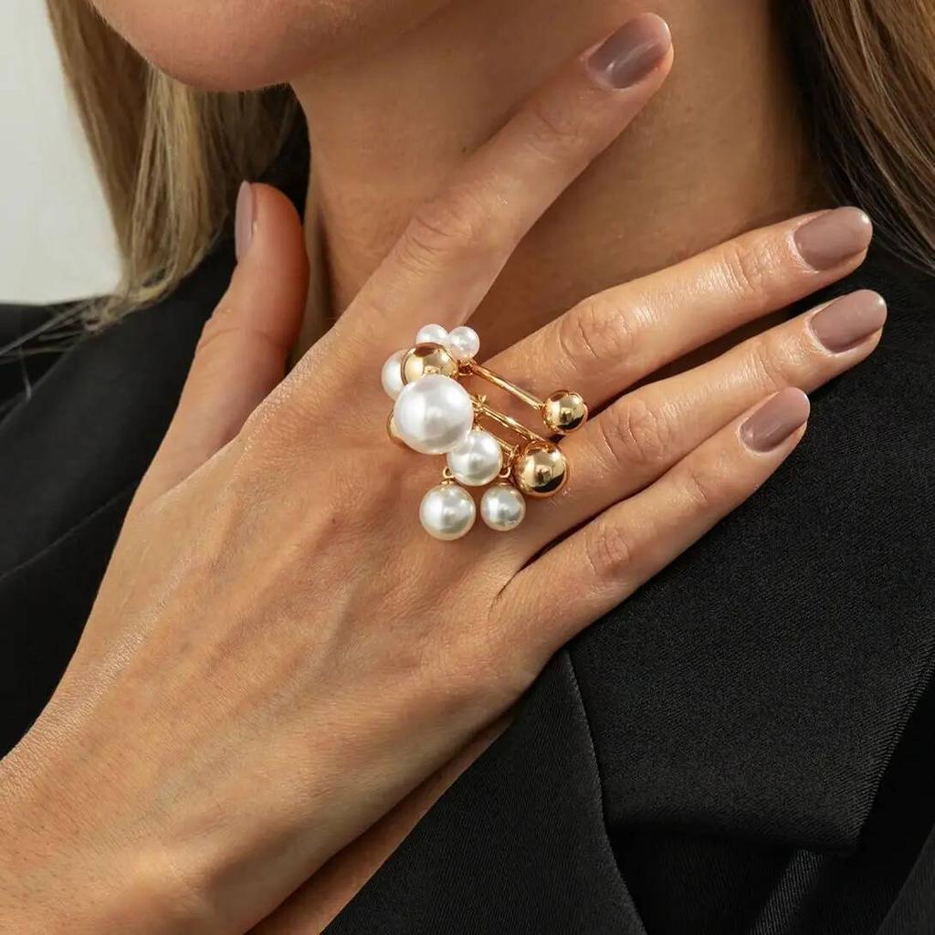 Salircon Trendy Charm Imitation Pearl Rings Women  New Exaggerated Gold Color Multilayer Beaded Finger Ring Party Jewelry