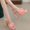 Modische Stilvolle Schleife Super High Heel Slipper Damen Schick Dicke Sohle Eckige Zehen Sandalen Damen Party Slip On Plateau Pantoletten Mujer