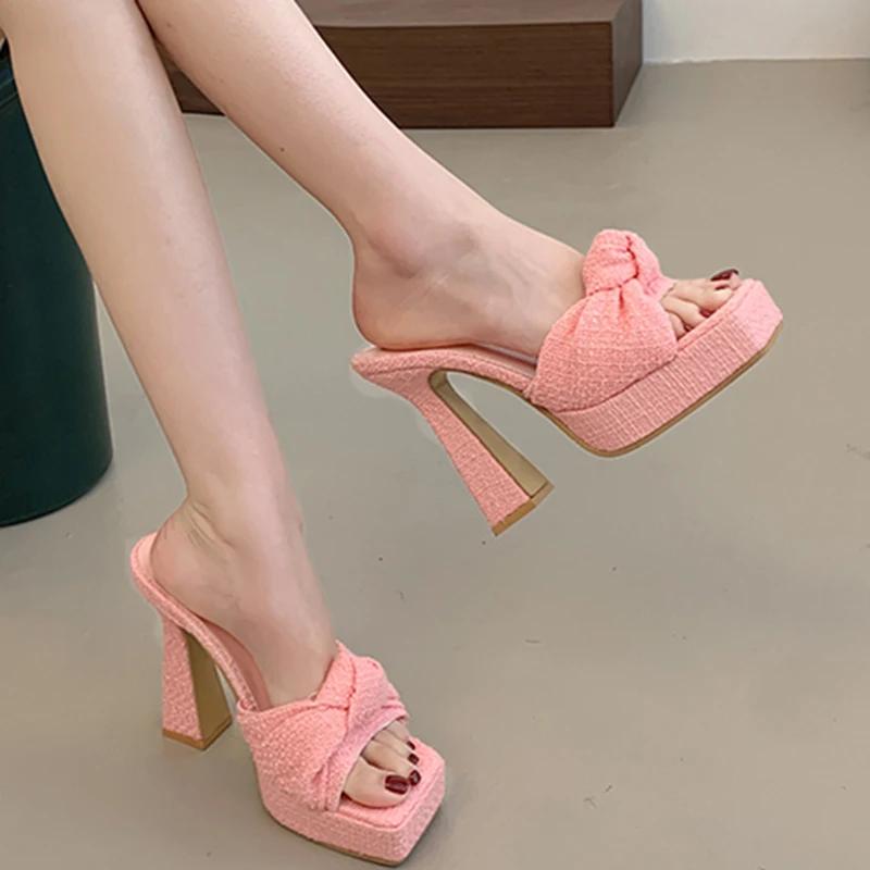 Modische Stilvolle Schleife Super High Heel Slipper Damen Schick Dicke Sohle Eckige Zehen Sandalen Damen Party Slip On Plateau Pantoletten Mujer