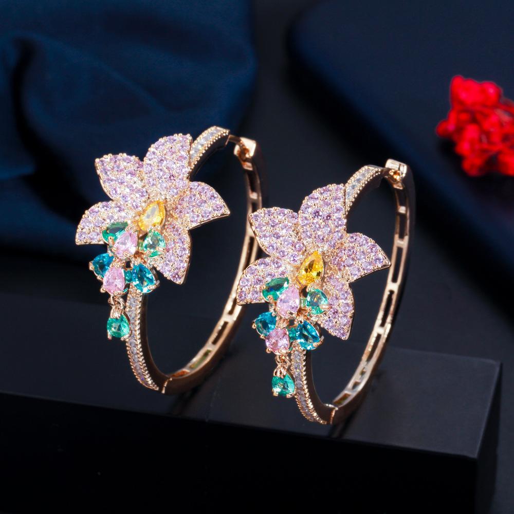 Heavy Industry Exaggerated Personality Flower Color Zircon Water Drop Earrings Flower Circle Temperament Earrings