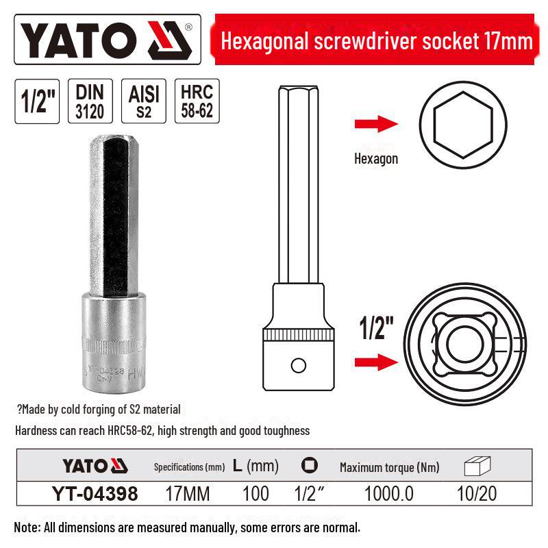 YATO 1/2" Hex Screwdriver Socket Set, S2 Batch Head, Chrome Vanadium Steel