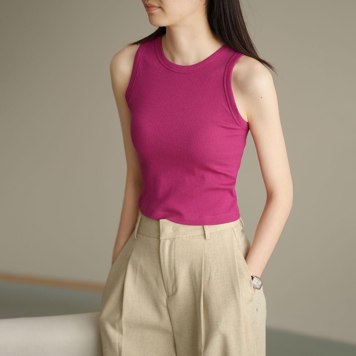 Spring and summer threaded belly button vest women s outer wear slim and thin suspender bottoming shirt sleeveless top S