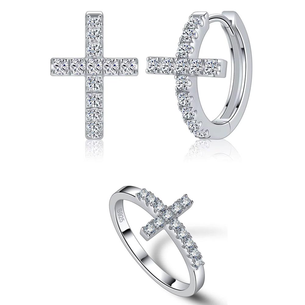 M-JAJA Moissanite Cross Wedding Band Hoop Earrings S925 Silver for Women Gold Plated Fine Jewelry Set Party Gifts