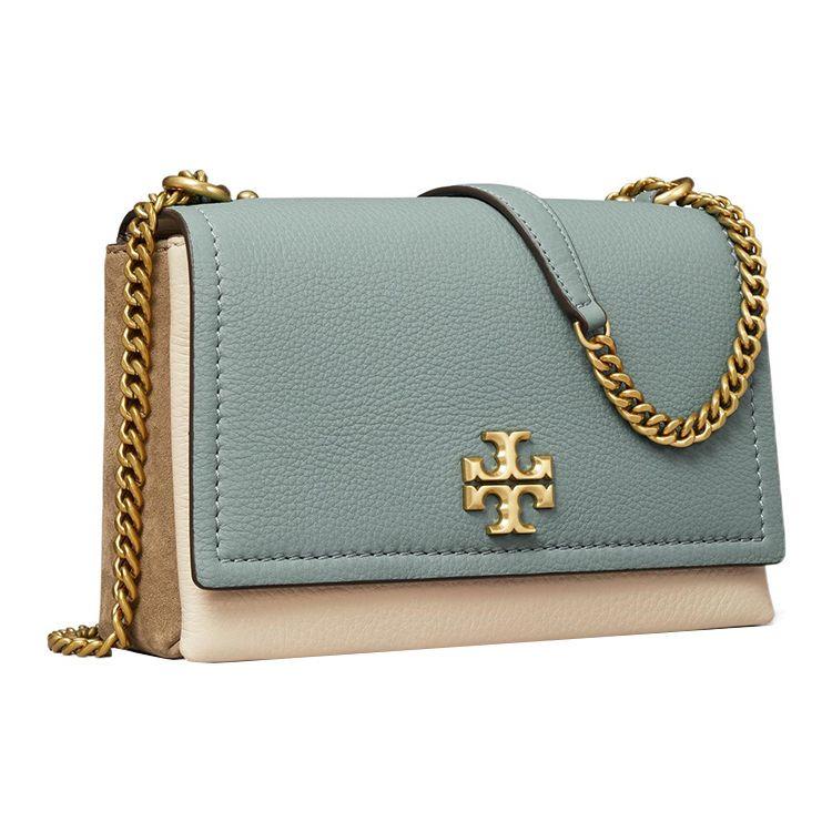 Tory Burch Double T Logo Color Block Flap Chain Leather Crossbody Shoulder Bag Women Bags Ceramic-Blue 144506-960