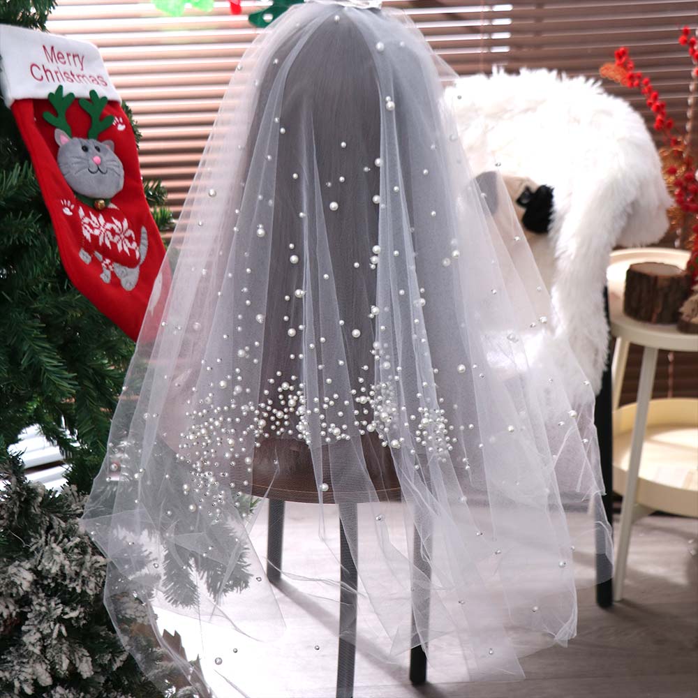 130cm Pearls Tulle Bridal Veil Vintage Wedding veil Elegant Waist Length Drop Veil  Wedding Dress