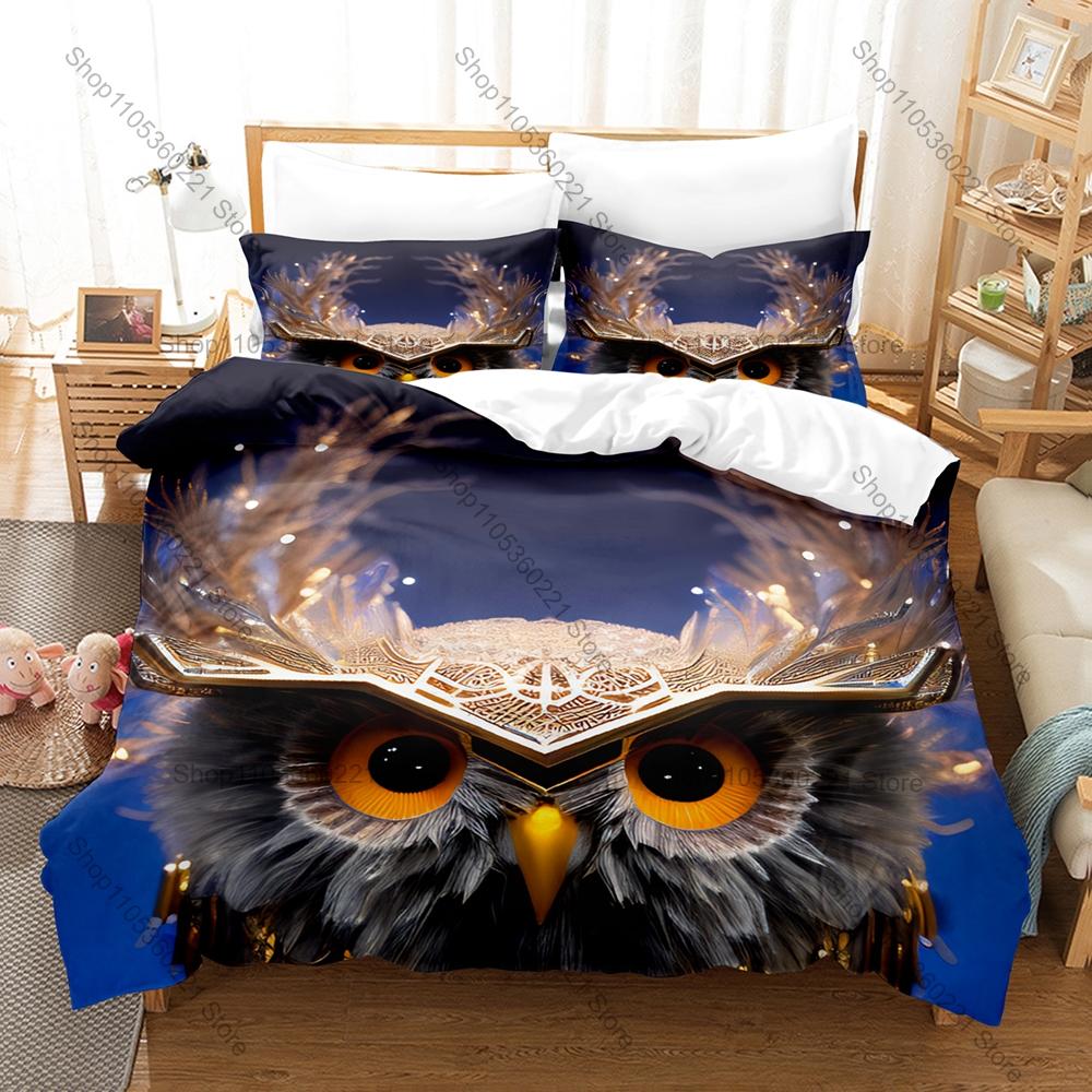 Cool Owl Minimalist Wildlife Nocturnal Bird Vintage Cartoon Animal Art HD Print Bedding Set Duvet Cover + 2 Pillowcases Animal
