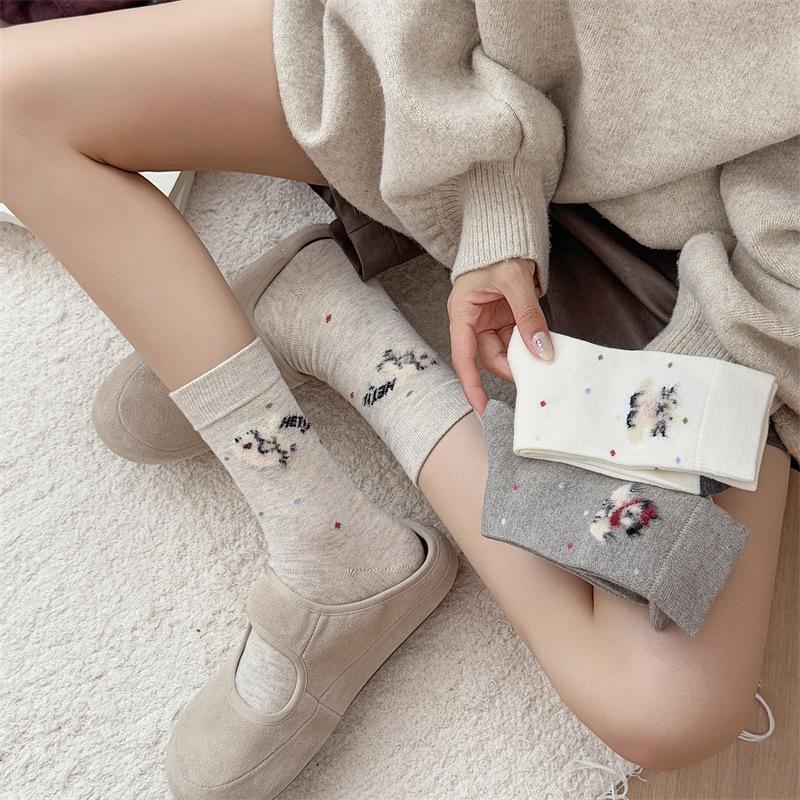 Cute Plush Puppy Cashmere Socks, Women's Mid-calf Socks, Autumn and Winter Thickened and Fleece Warm Cartoon Wool Long Socks